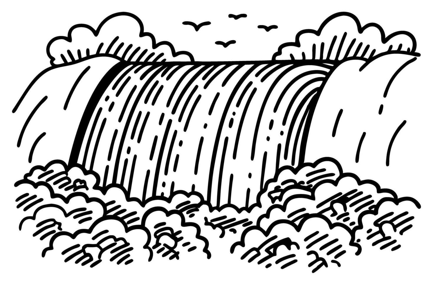 majestic waterfall illustration, flowing water with birds and clouds serene natural landscape sketch vector