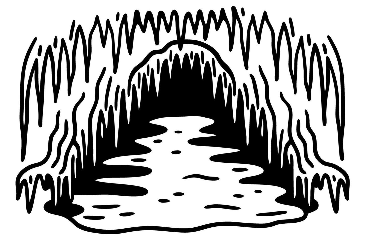 Dripping cave illustration in black and white, mysterious underground water scene vector