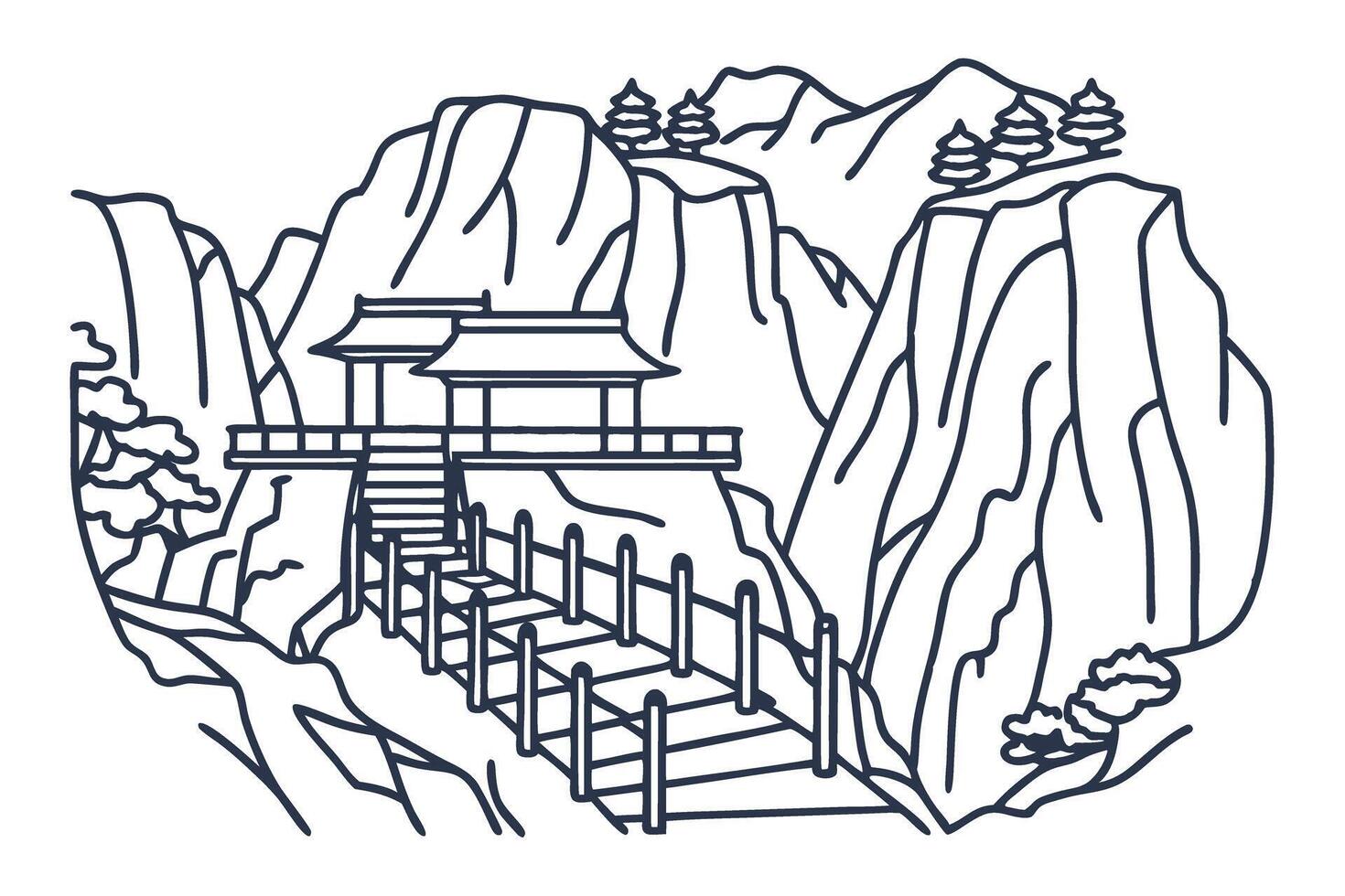 Traditional mountain temple with scenic pathway and serene landscape illustration vector