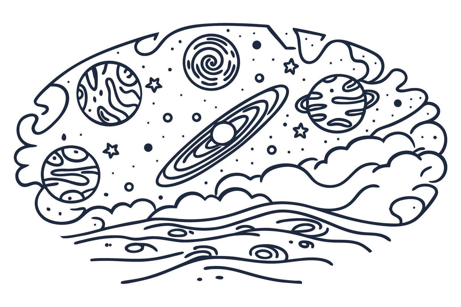 abstract cosmic design planets, moons, stars in celestial universe with swirling patterns vector