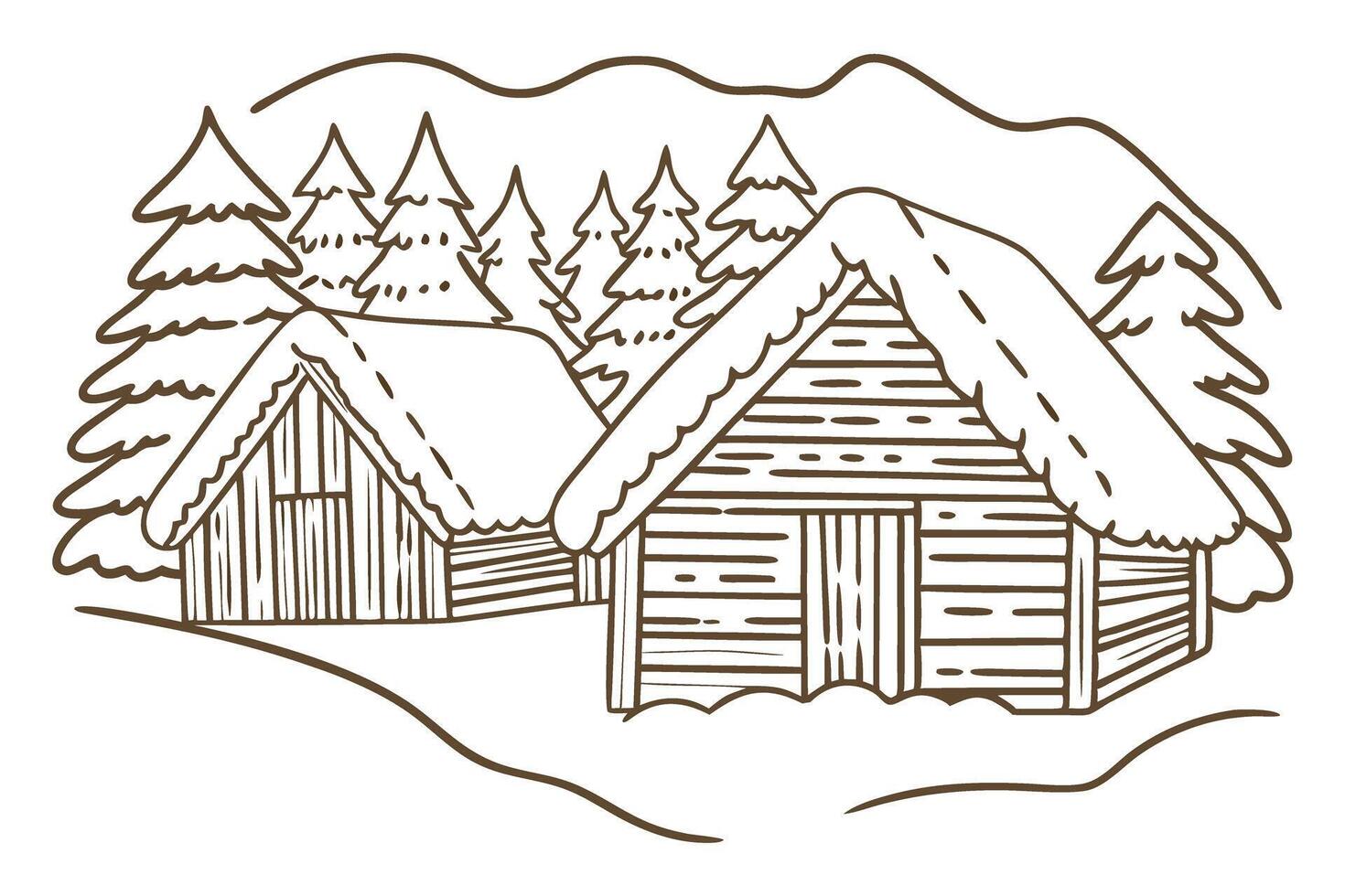 Snowy log cabins in forest landscape rustic winter scene with pine trees and cozy wooden structures vector