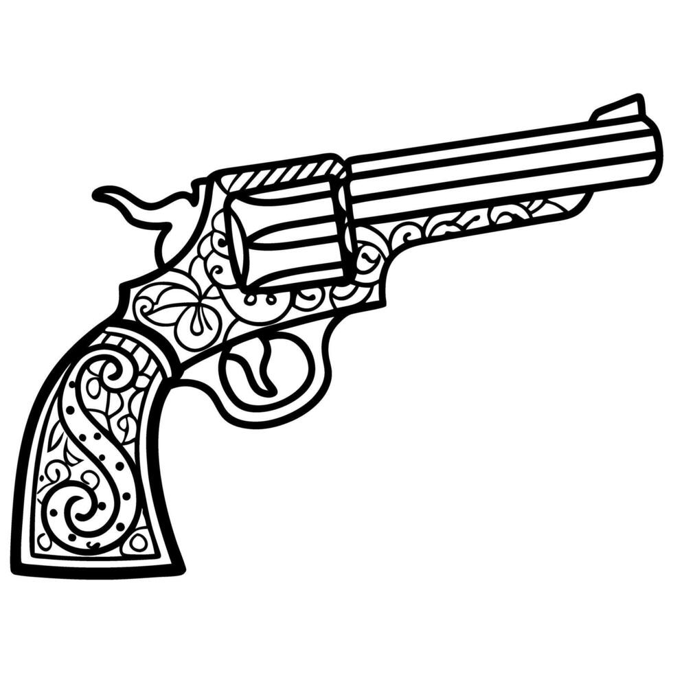 ornate revolver line art design intricate pistol illustration, elegant weapon motif, black and white drawing vector