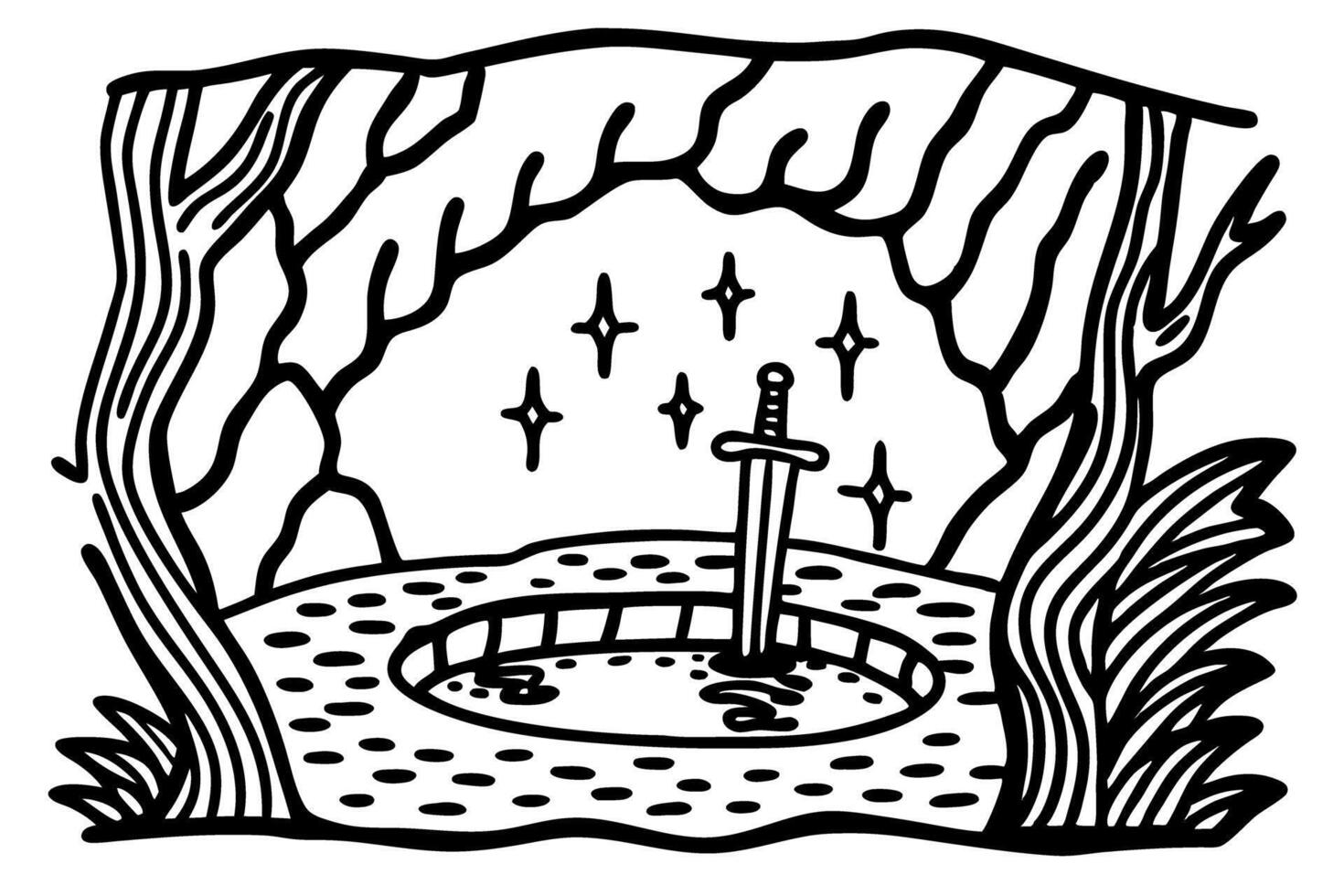 Legendary sword in stone drawing mystical cave with stars and trees, black and white art vector