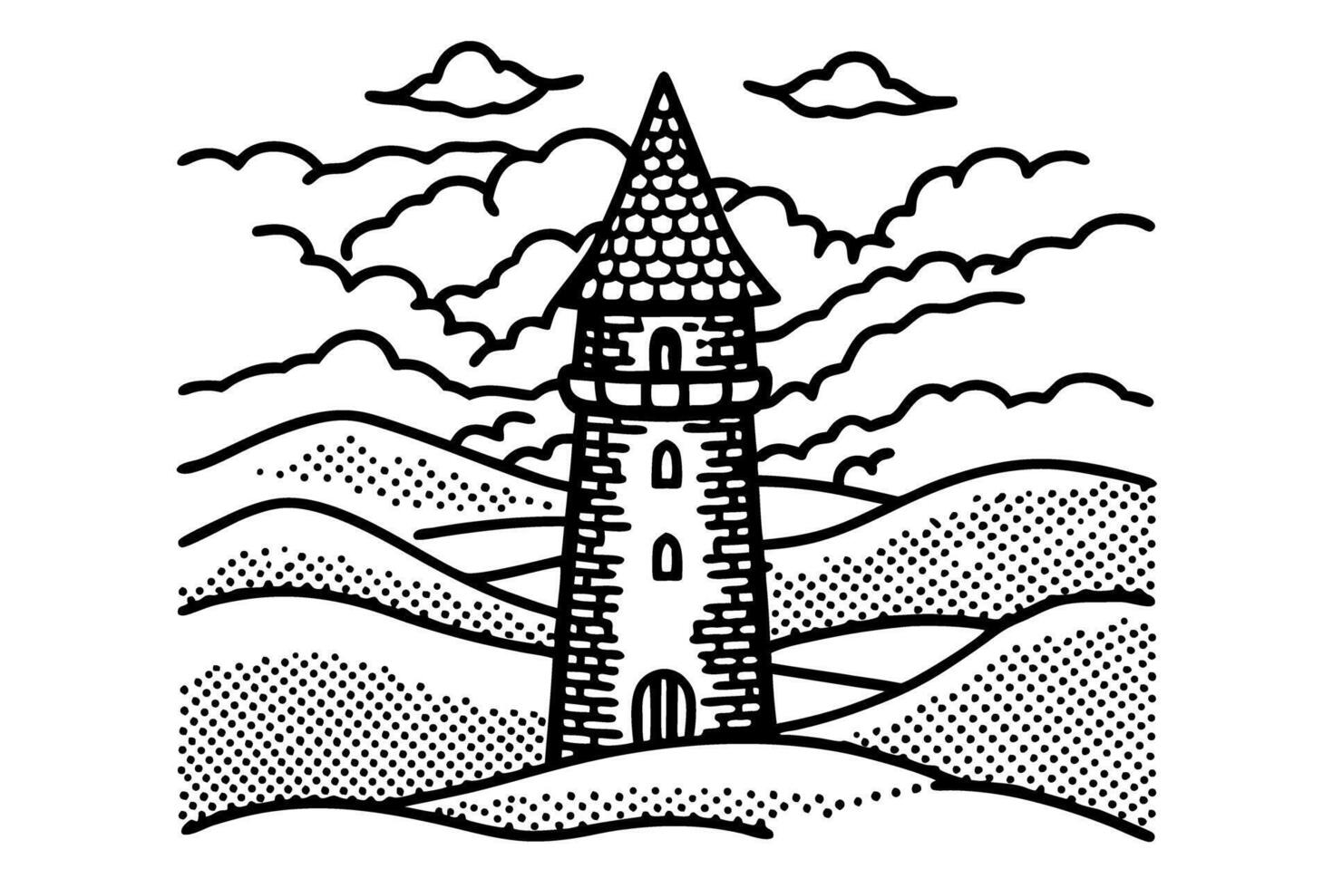medieval tower illustration with dotted hills and cloudy sky in black and white line art vector
