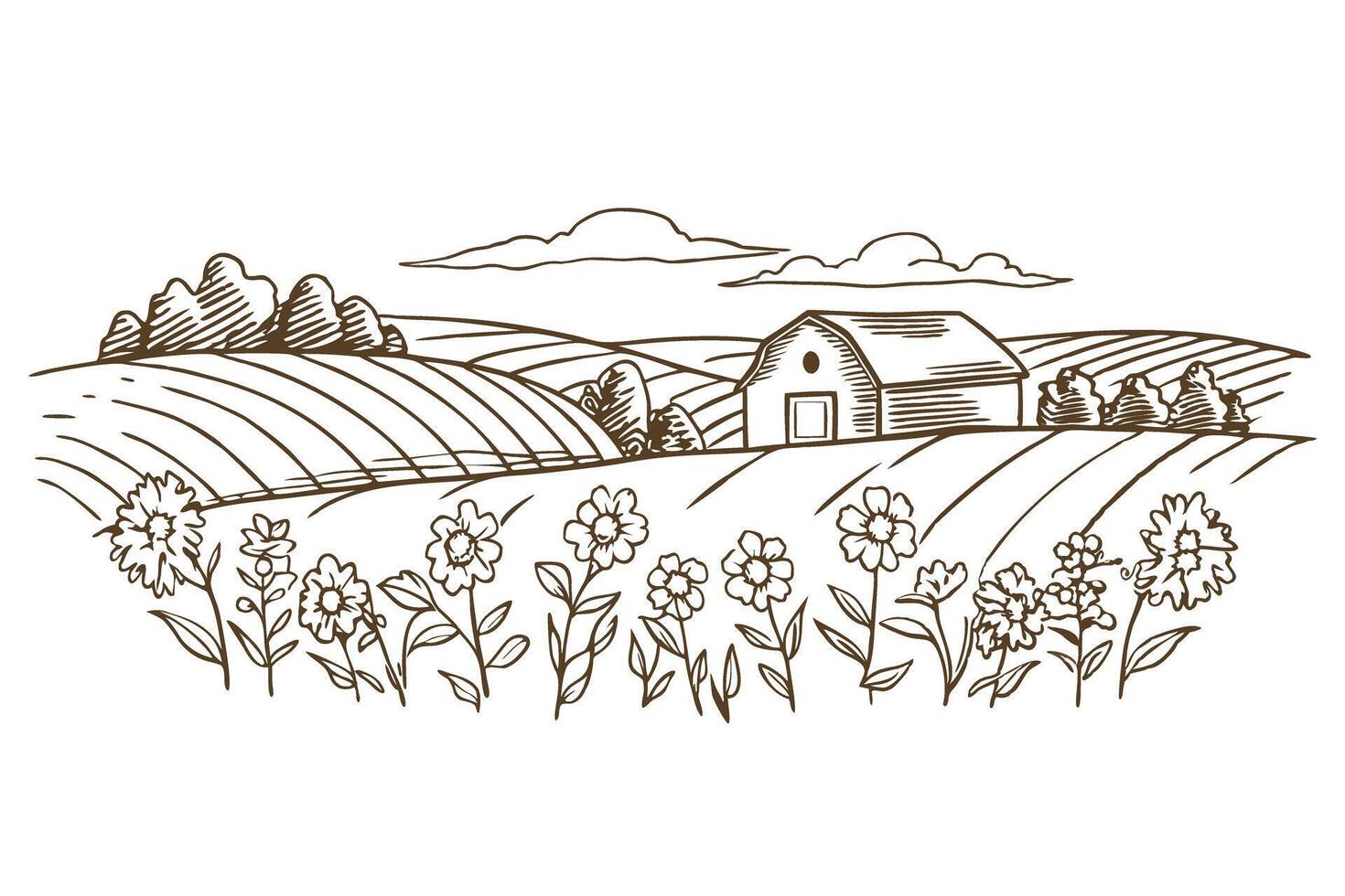 rustic farm landscape with floral fields and rolling hills, countryside scenery in line art drawing vector