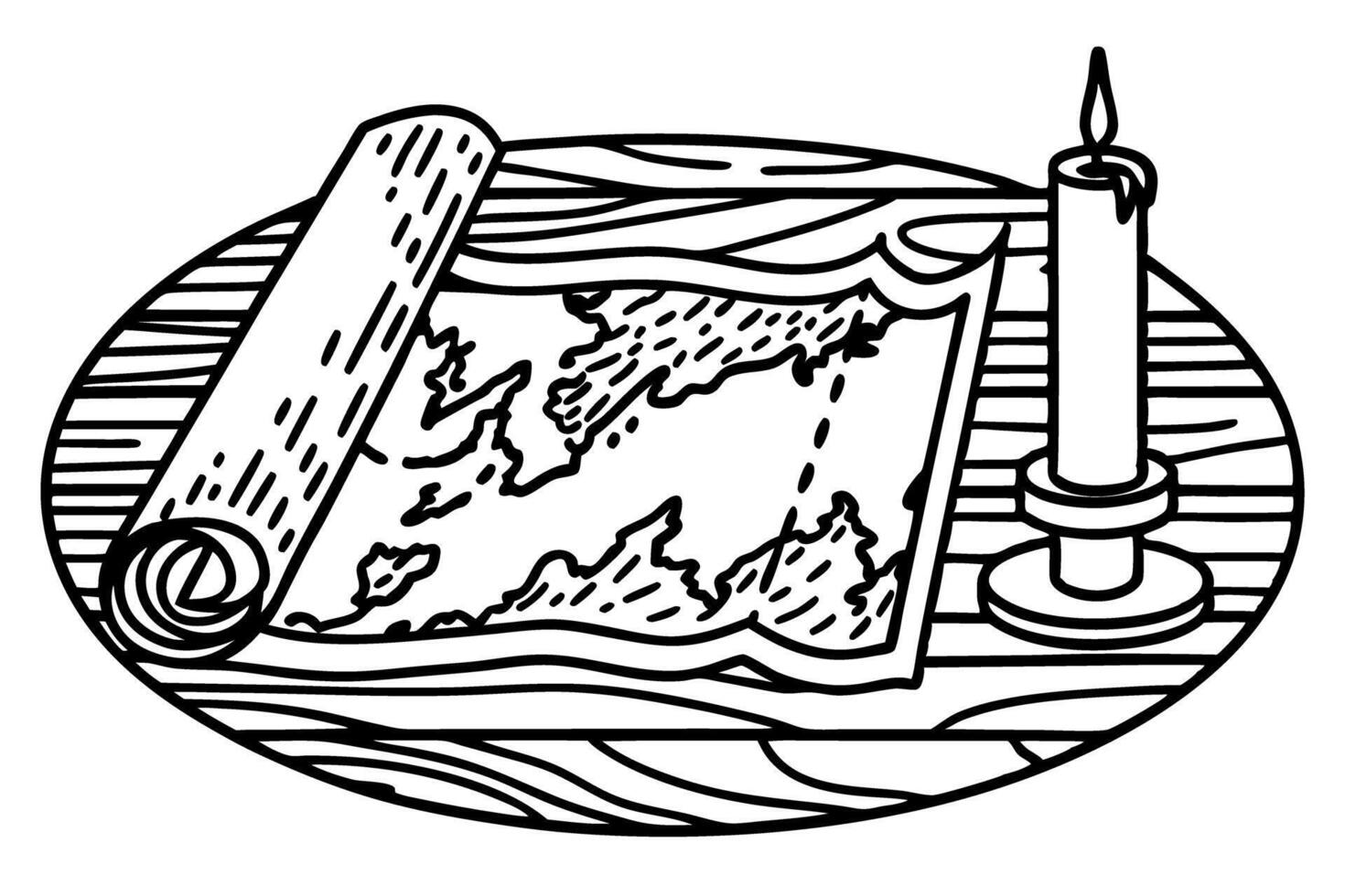 Vintage treasure map and candle on wooden table illustration vector