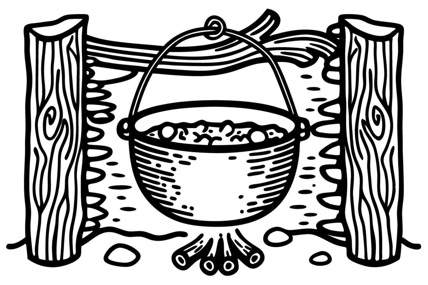 Traditional cauldron over fire for outdoor cooking in rustic setting with wooden support vector