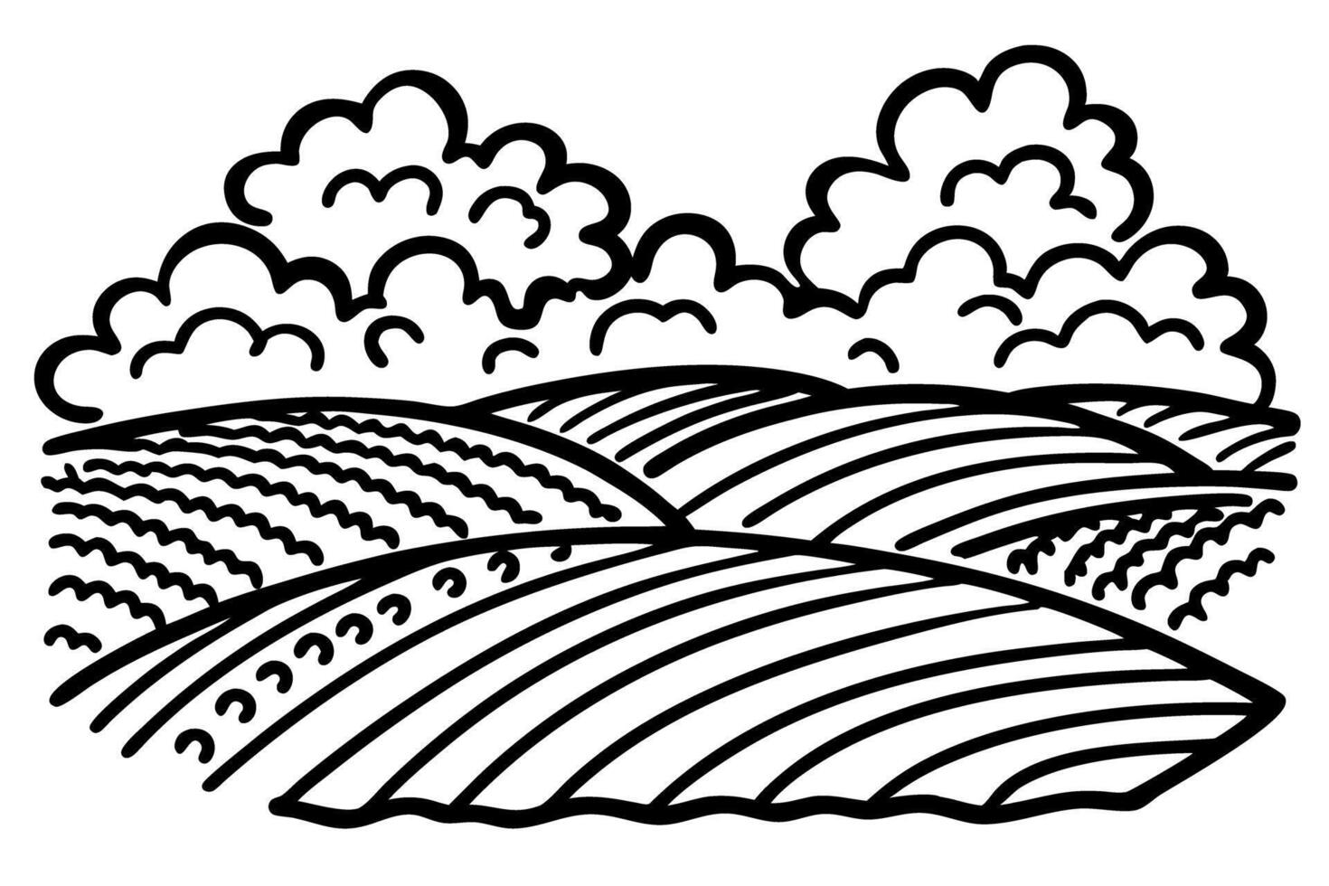 illustrated rolling hills and clouds, black and white landscape design vector
