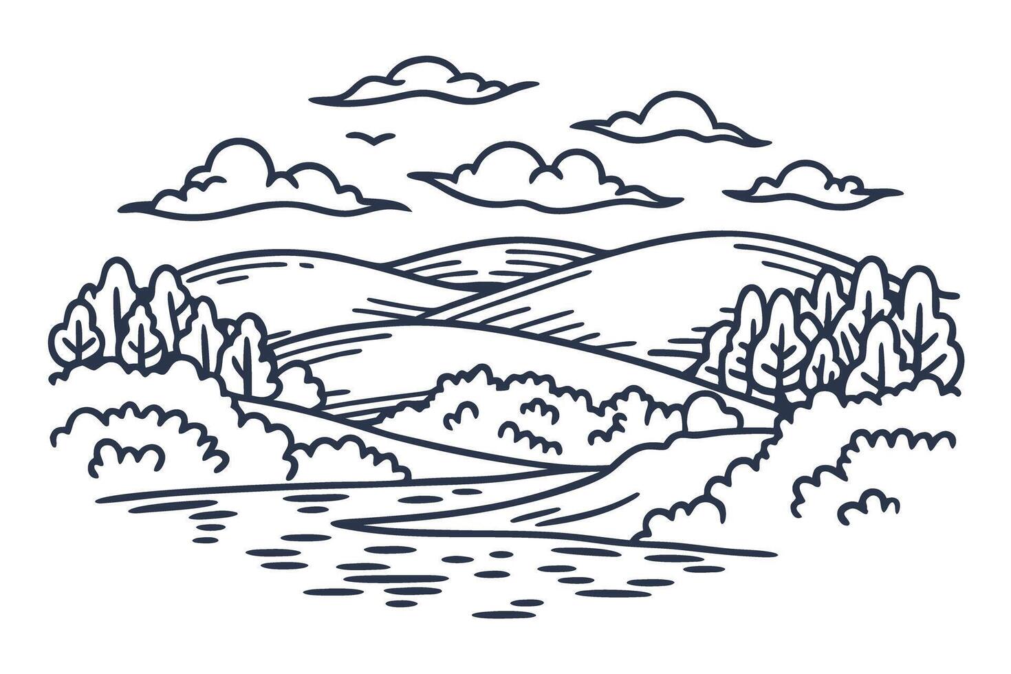 Scenic landscape illustration rolling hills, trees, and clouds in a serene countryside setting vector
