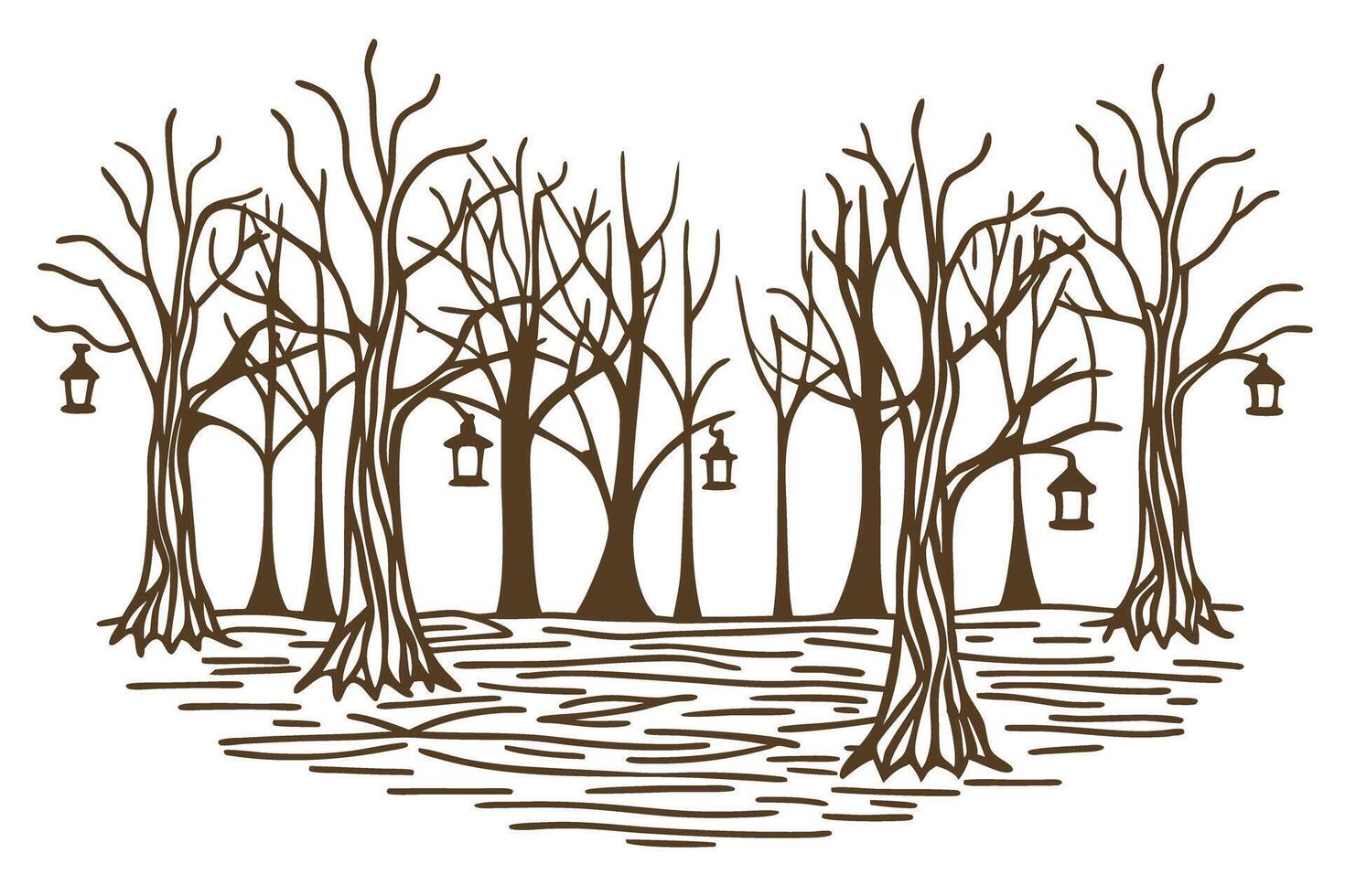Barren forest with lanterns on trees in winter scene, serenity and solitude illustration vector