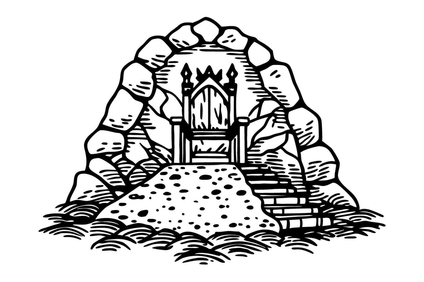 Ancient stone throne within cave entrance rocky steps leading to mysterious, regal seat vector