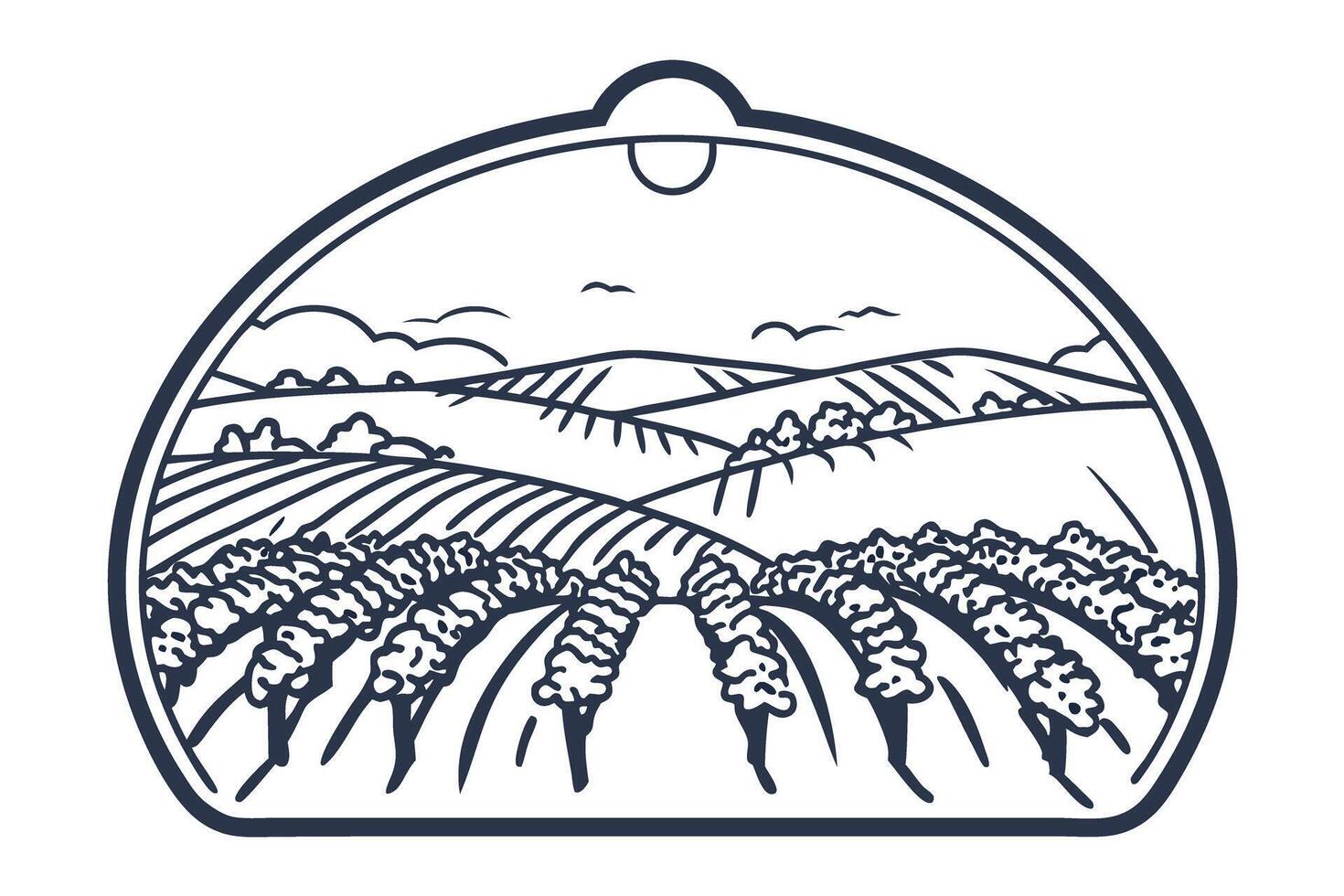 Idyllic vineyard landscape with rolling hills and cloudy sky in illustrative vector
