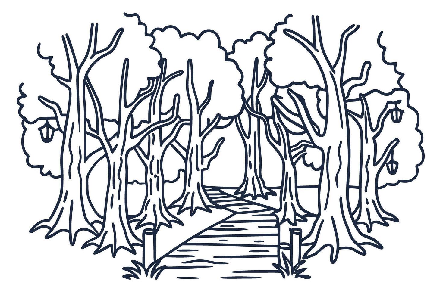 Line art forest pathway with tall trees and lanterns in a tranquil nature setting vector