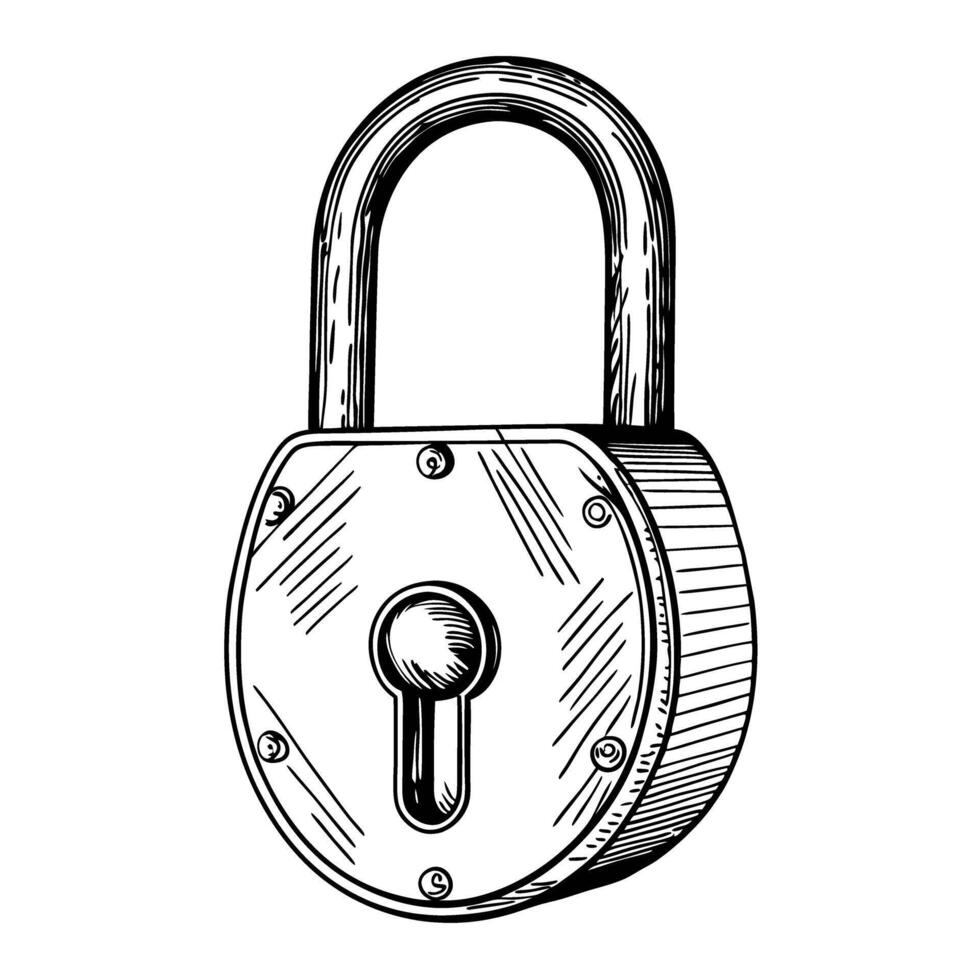 Vintage padlock illustration black and white sketch, classic security lock with keyhole detail vector