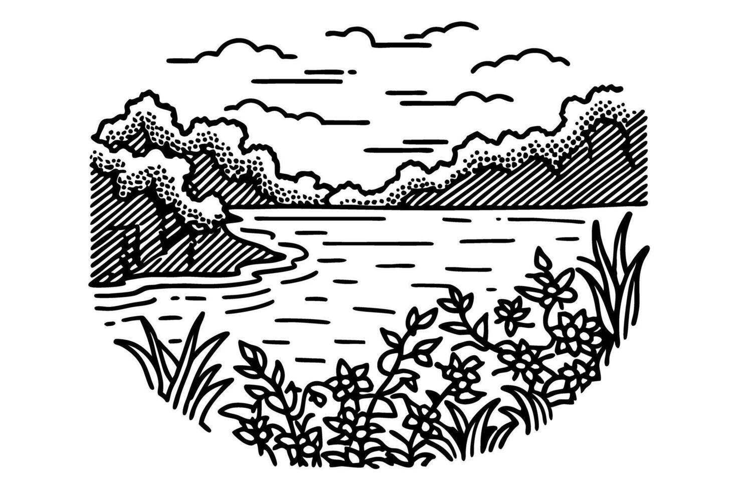 scenic river landscape illustration clouds, trees, and flowering plants in nature vector
