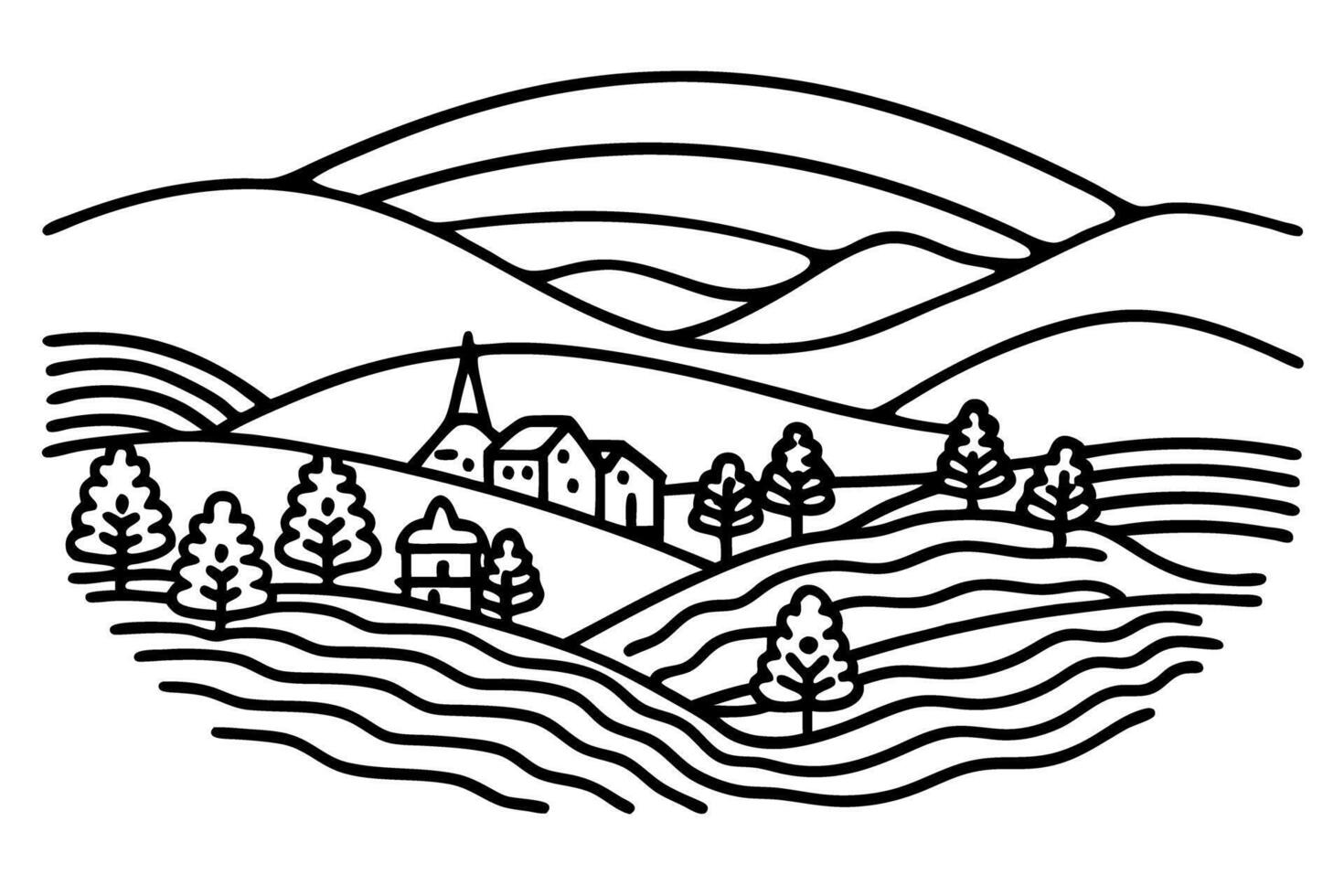 Line art landscape depicting hills, trees, and village with church under a wavy sky vector
