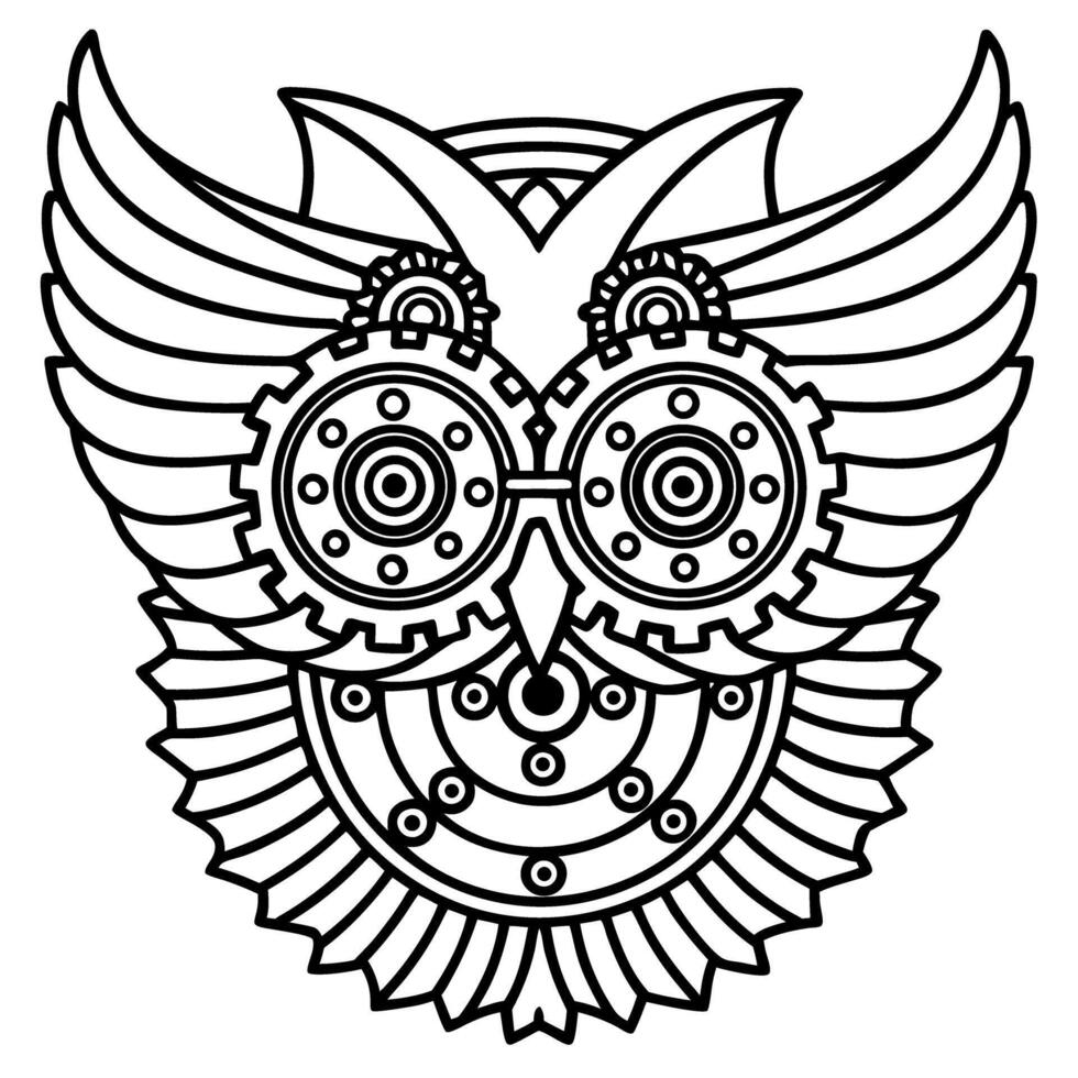 Steampunk owl design with gears and wings, stylized black and white line art illustration vector