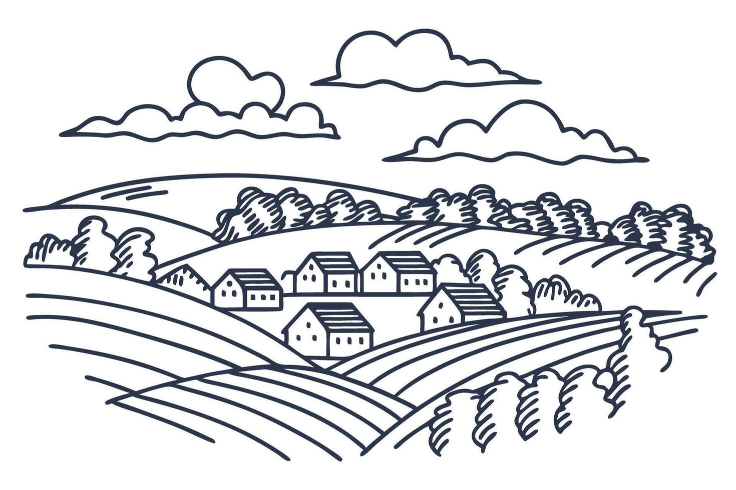 Countryside landscape illustration with rolling hills and small village homes vector