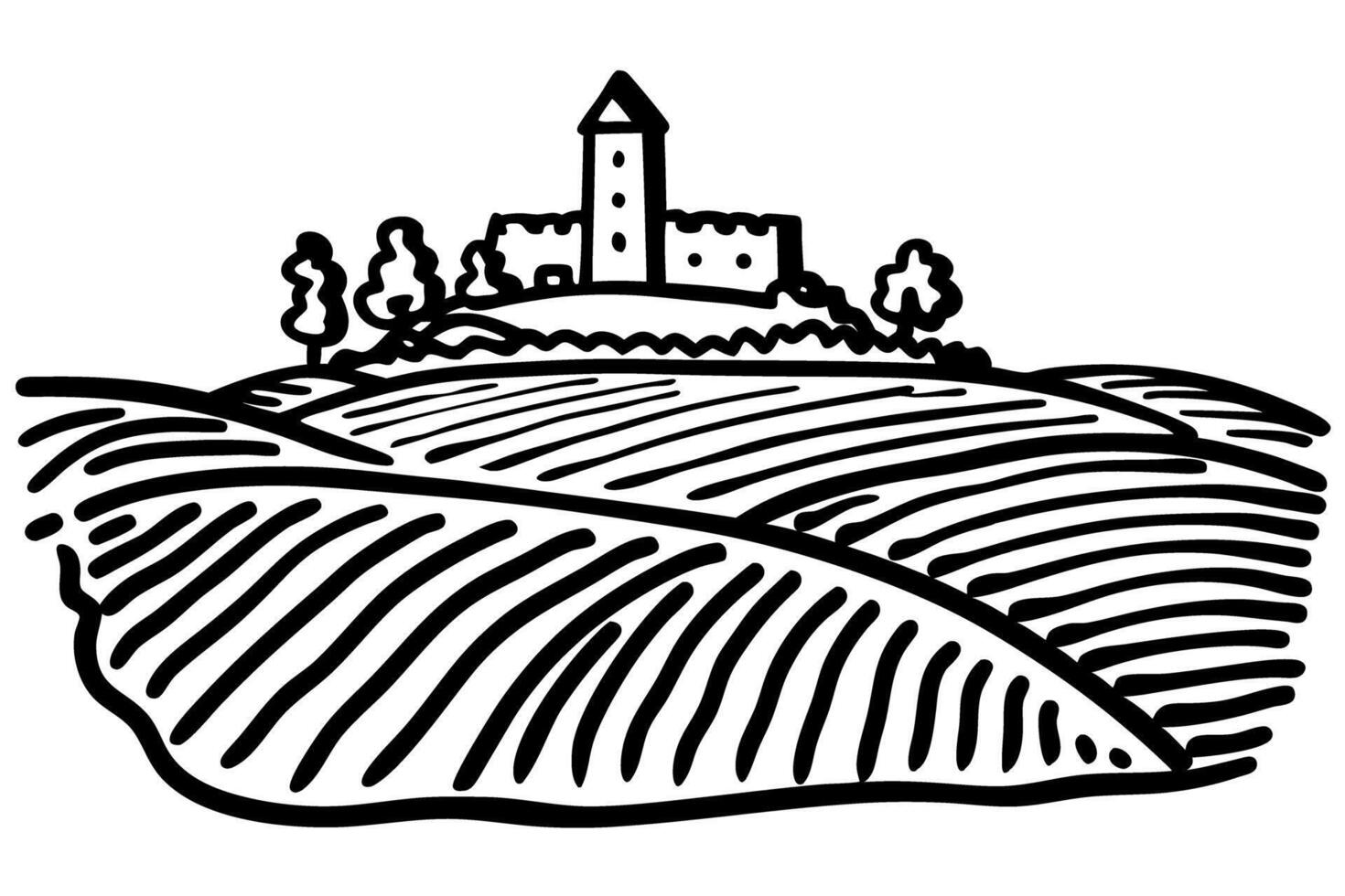 Monochrome landscape illustration with hilltop castle and scenic fields vector
