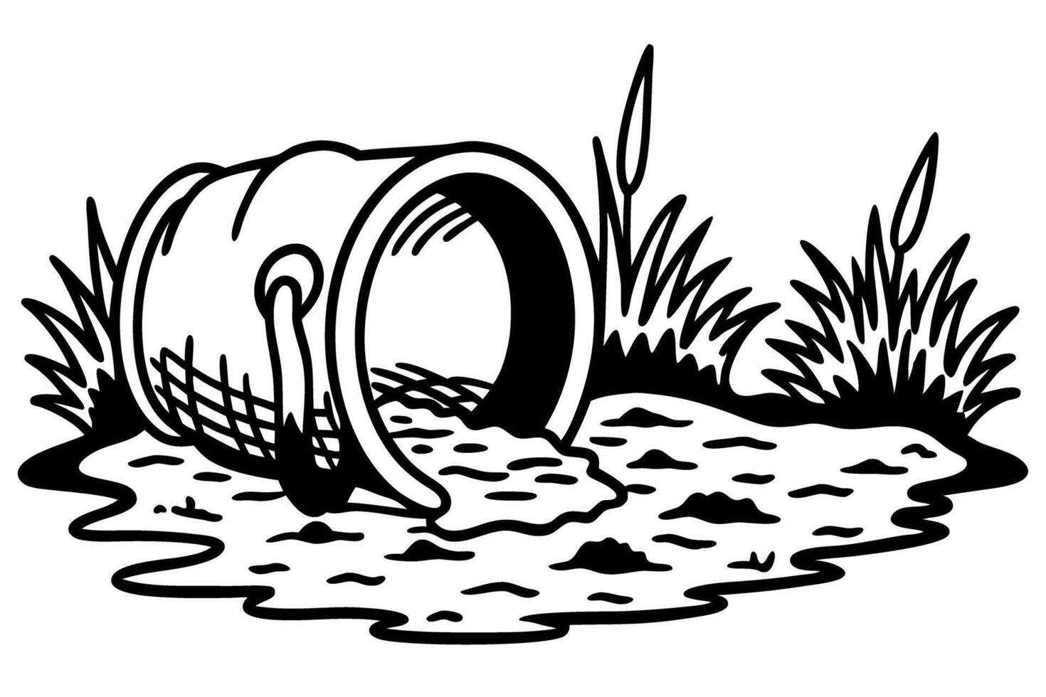 spilled wooden bucket with water on ground rustic countryside scene, black and white illustration vector