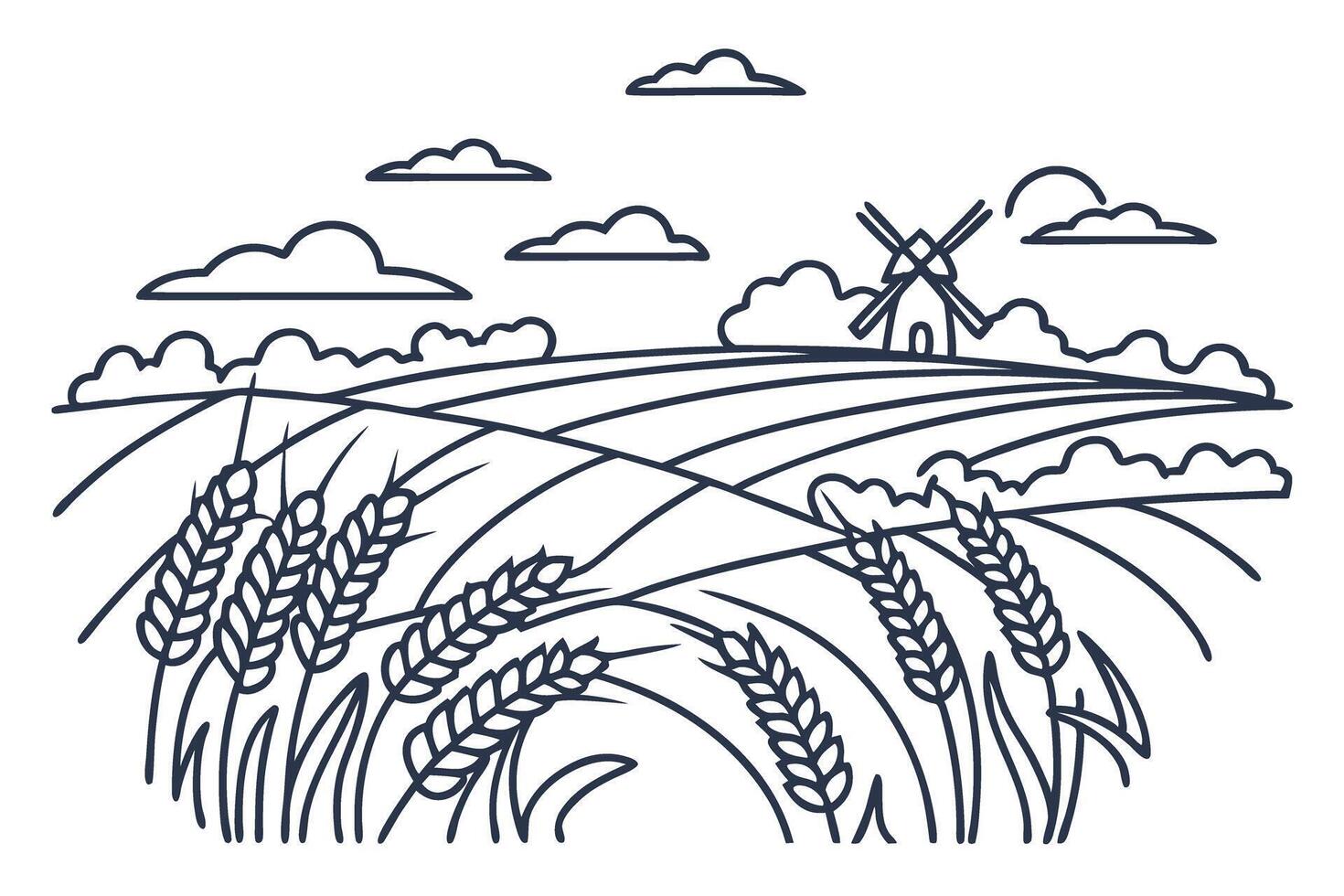 windmill over wheat field illustration scenic countryside landscape with clouds and sun vector
