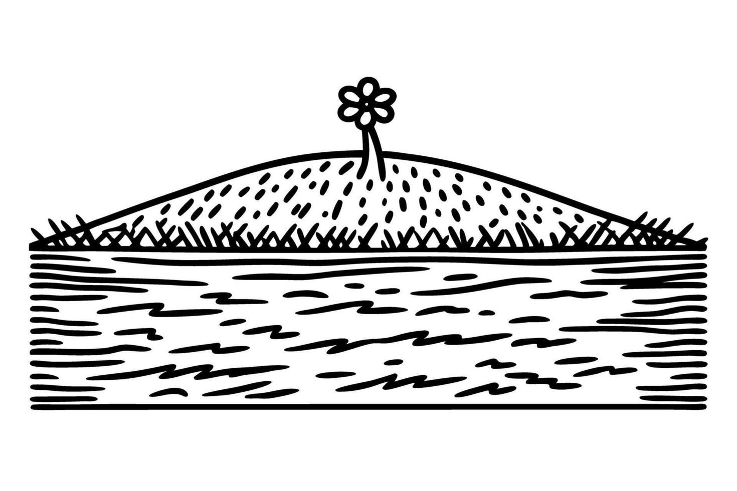 single flower on hill, simple line drawing isolated nature, growth, and minimalism concept vector