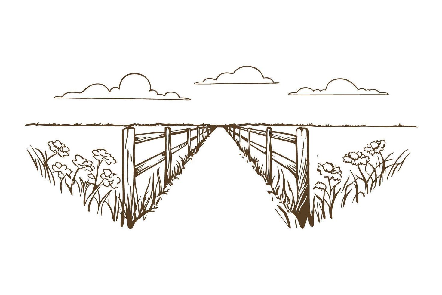 minimalist countryside pathway illustration with clouds, fence, and wildflowers in sepia tones vector