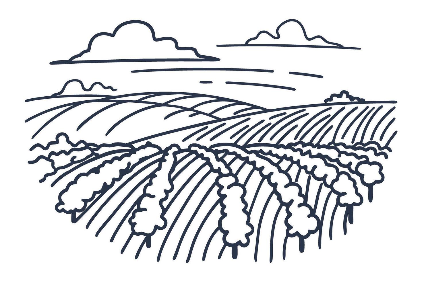 scenic countryside landscape illustration with rolling hills, clouds, and fields in line art vector