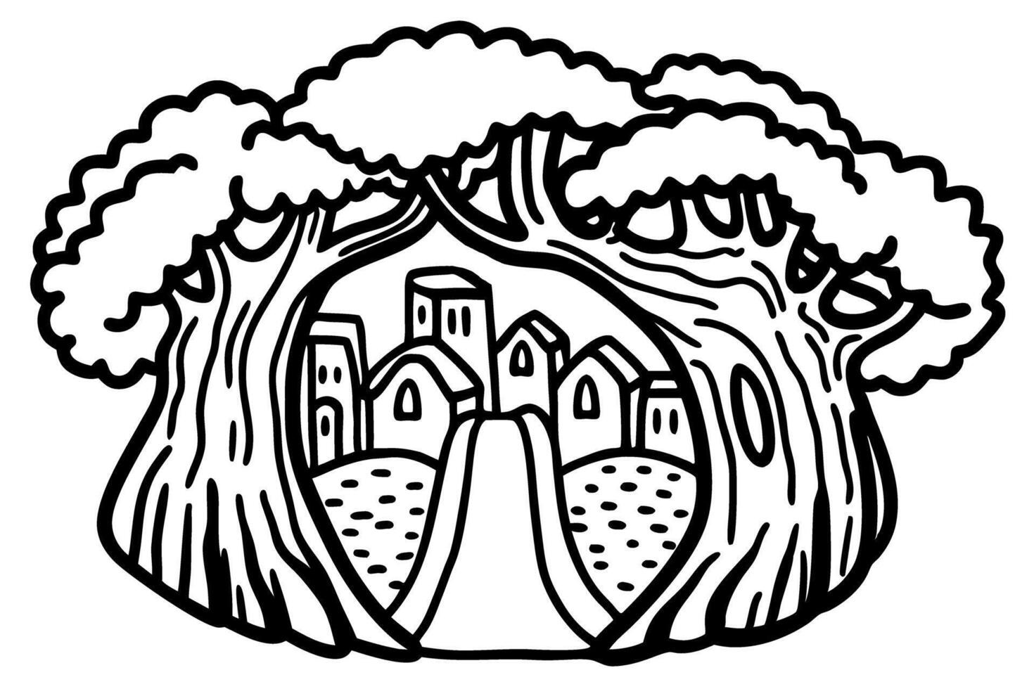 Enchanted forest illustration with village scene and pathway surrounded by trees vector