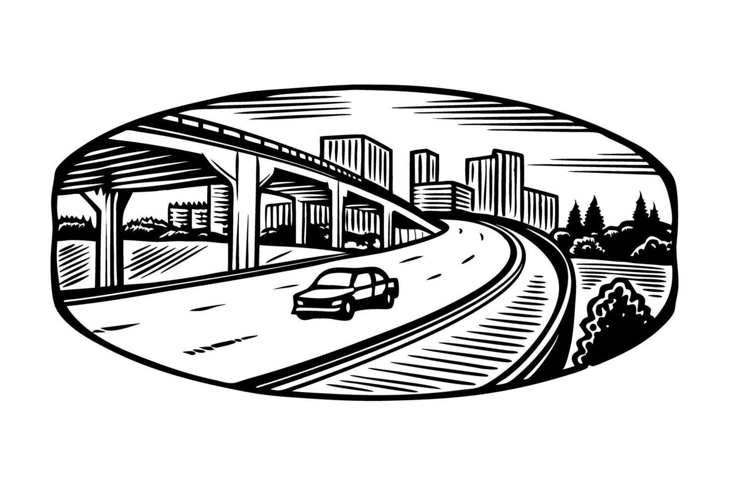 City skyline with highway and moving car urban infrastructure, roads, transportation scene vector