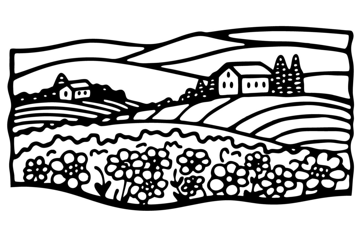 scenic countryside landscape with farmhouse and fields, simple black and white illustration vector