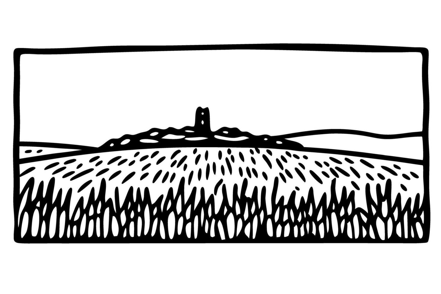 Black and white scenic landscape with field and tower silhouette vector