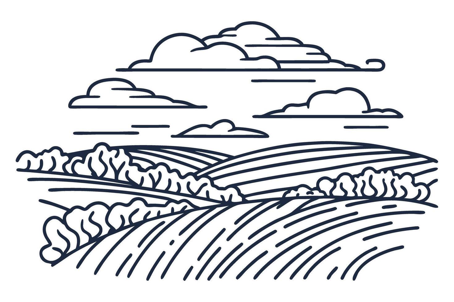 line art landscape with rolling hills and clouds minimalist rural scenery, nature illustration vector