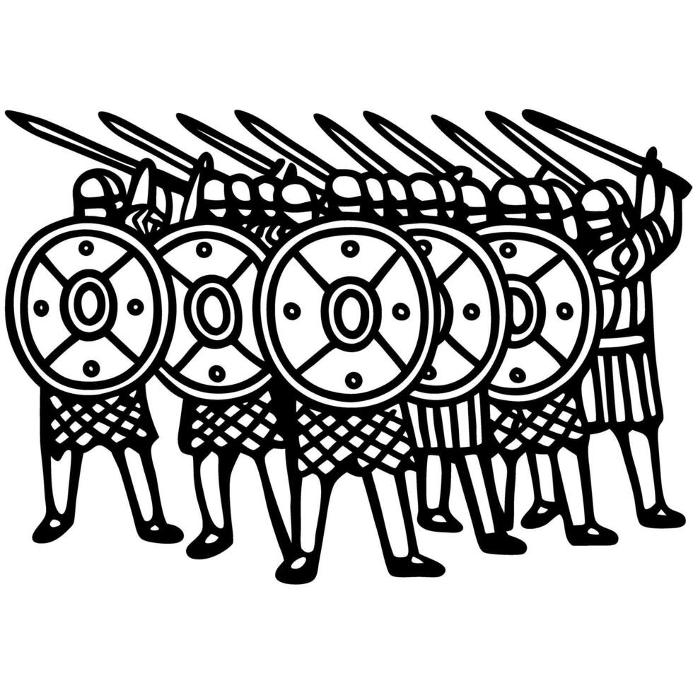 ancient warriors with shields and spears in battle formation, historical combat illustration vector