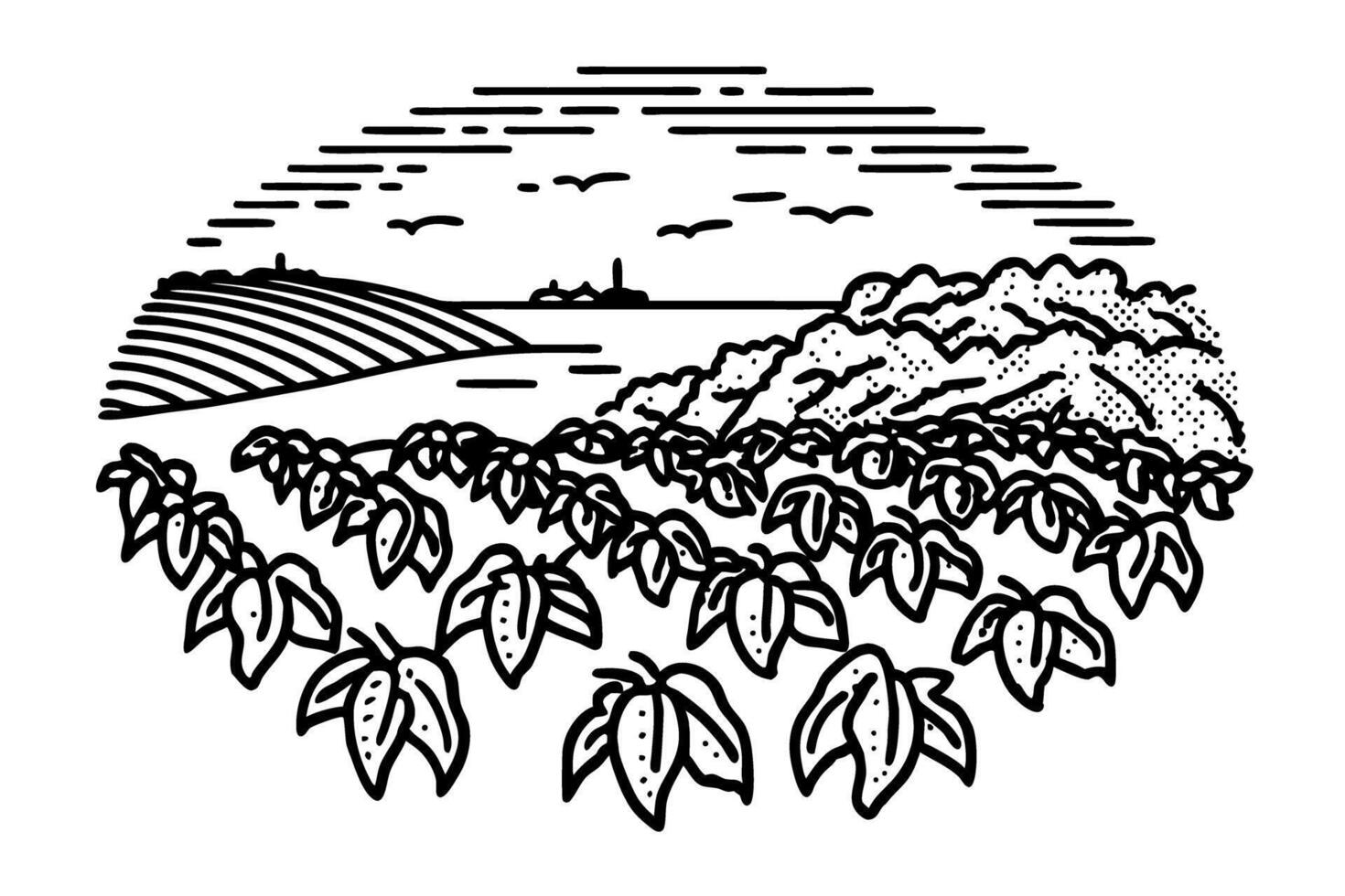 scenic countryside landscape with fields, hills, and lush vegetation in monochrome illustration vector