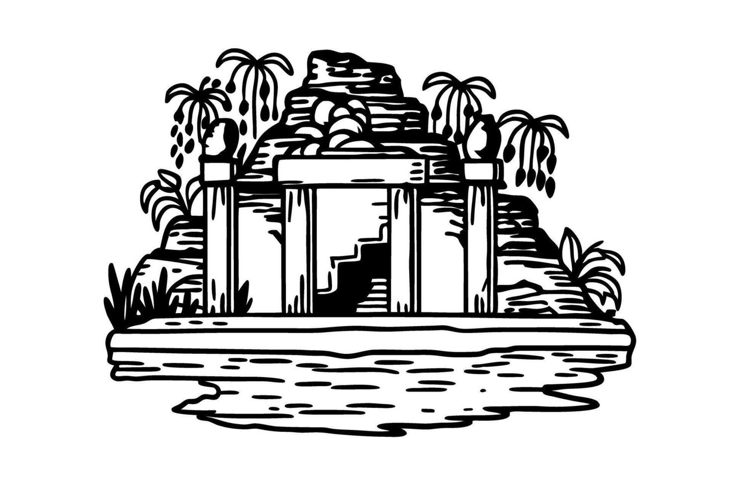 Ancient temple illustration stone structure with palm trees and water in black and white art vector