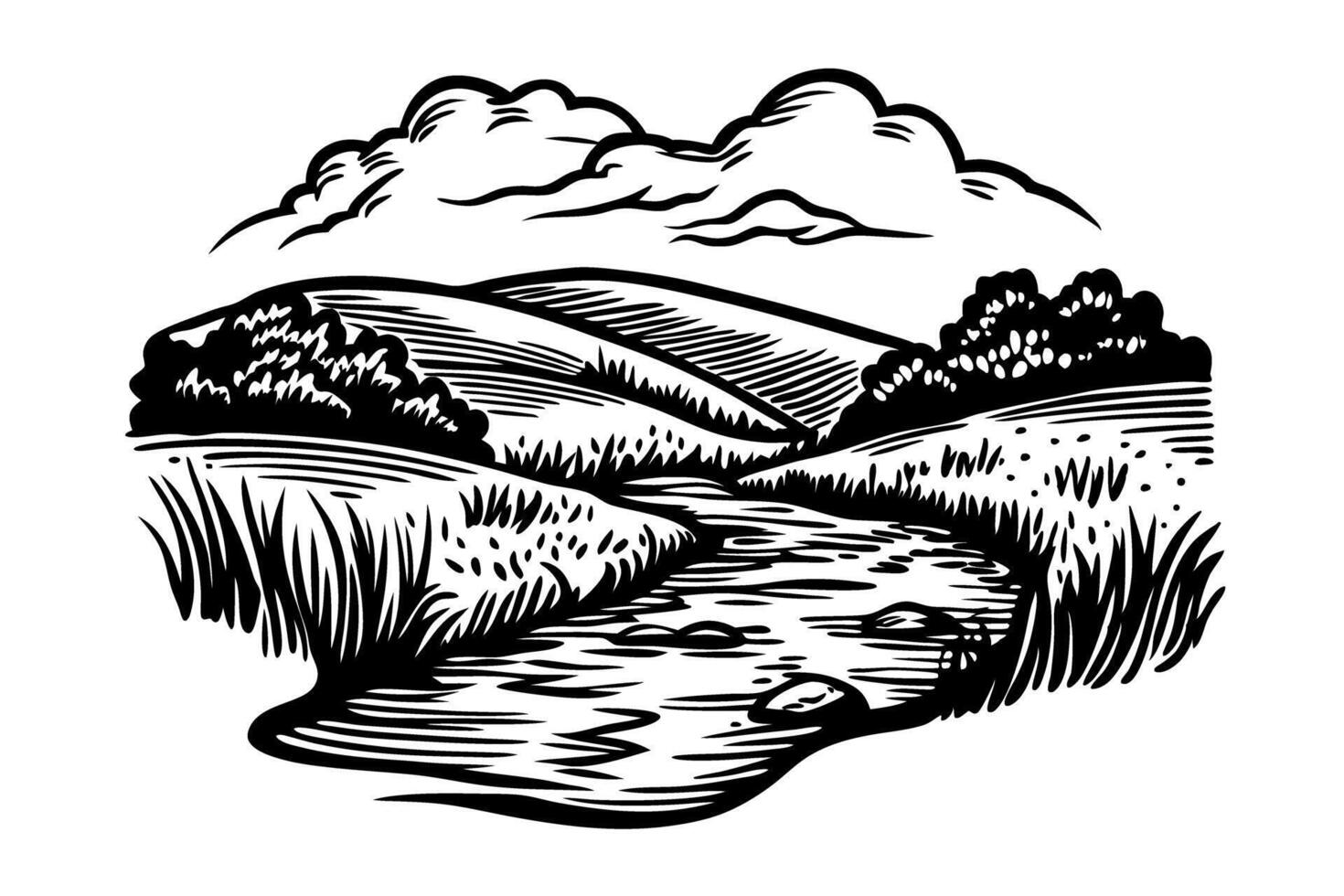 Scenic landscape illustration of river and hills with trees under cloudy sky in black and white art vector