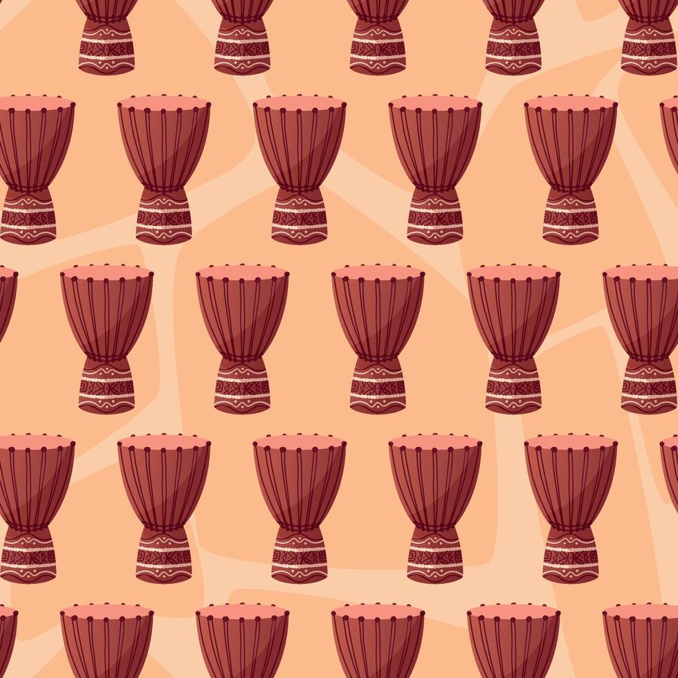 cartoon seamless pattern with Traditional African djembe drum with intricate ethnic pattern. Hand drawn tribal percussion instrument. Perfect for music, culture, and festival design projects. vector