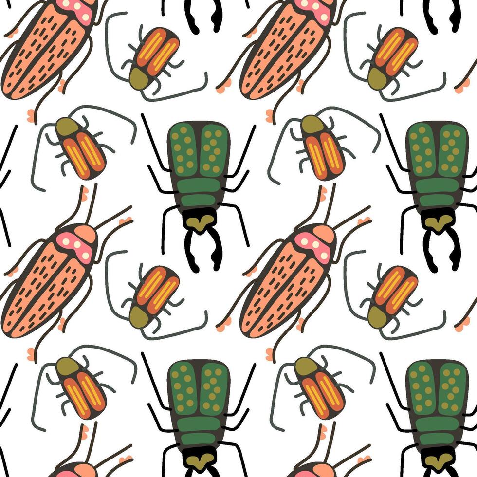 Seamless hand-drawn beetle pattern with colorful insects in green, pink, and orange hues on a white background, perfect for textiles, wallpaper, and nature-inspired designs. vector
