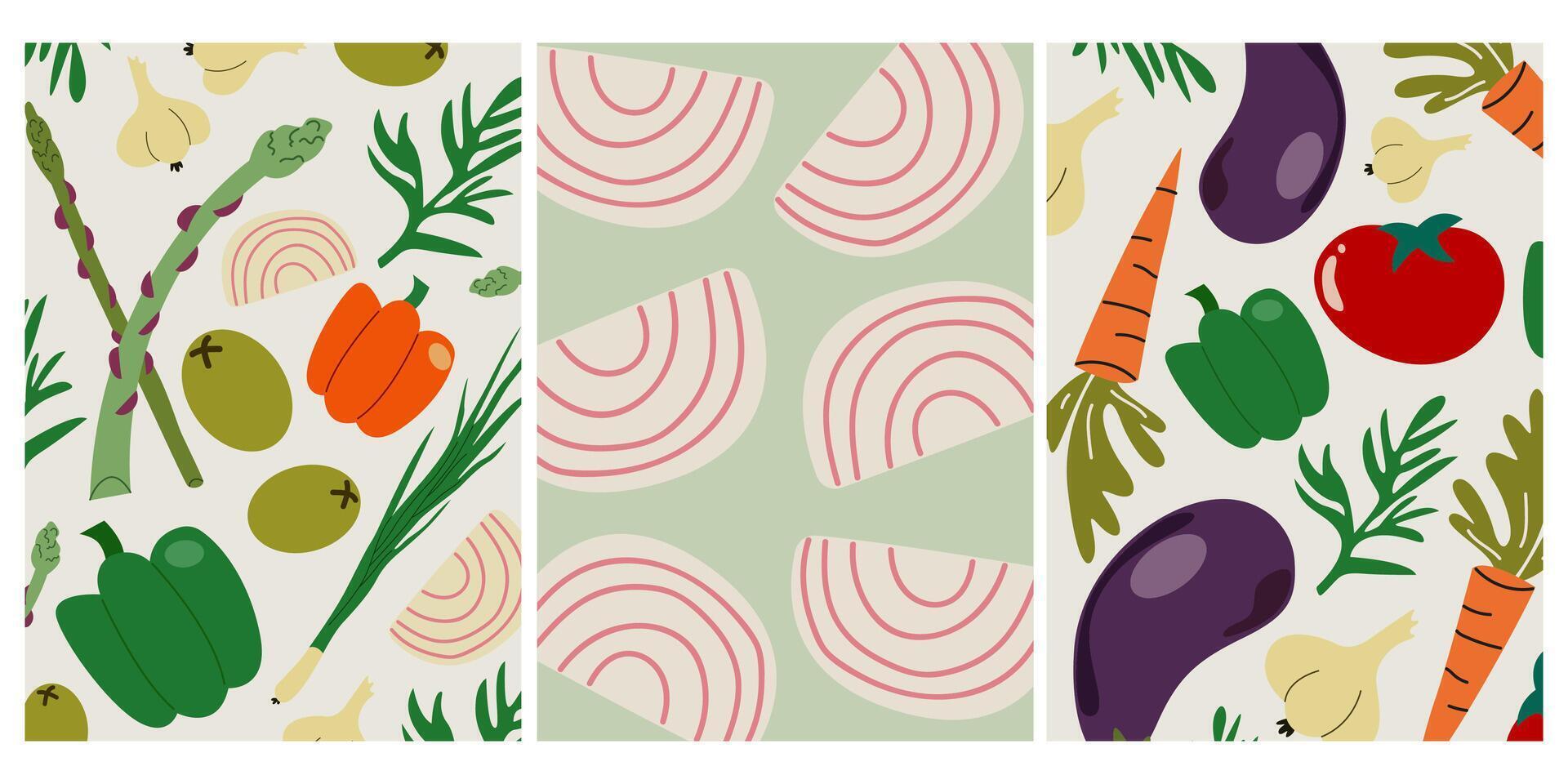 Vegetables poster design for pattern, wall art, print, cook book, social media, postcards. Tomato, bell pepper, green onion, asparagus, carrot, eggplant, onion, garlic vector