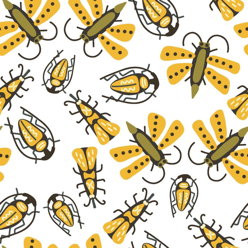 Seamless pattern with hand-drawn beetles and insects in earthy yellow and green tones, perfect for fabric, wallpaper, textiles, and nature-inspired design projects. vector
