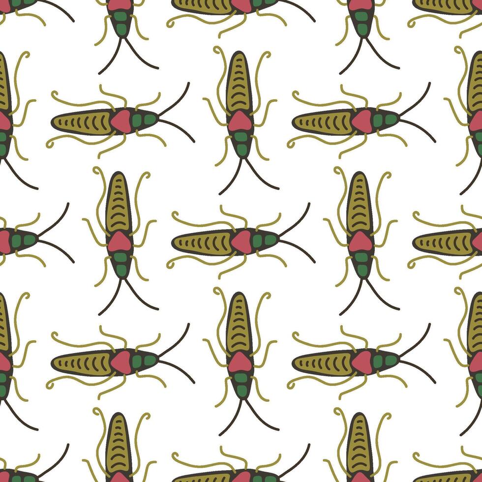 Seamless cricket insect pattern with hand-drawn bugs in a vintage style on a white background, ideal for textiles, wallpapers, wrapping paper, nature-inspired designs, and entomology-themed projects. vector