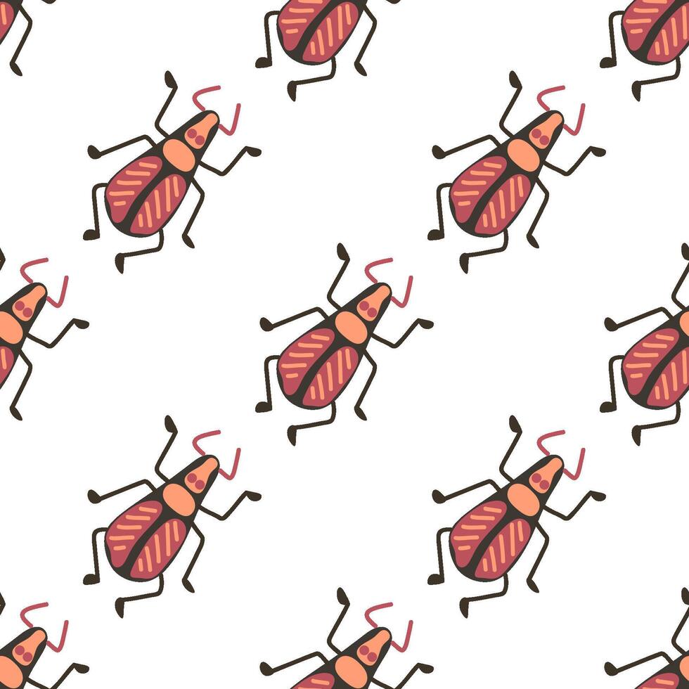 Seamless hand-drawn beetle pattern with quirky insects in warm tones of red, orange, and brown on a white background, ideal for textiles, wallpaper, wrapping paper, and nature-inspired design projects vector