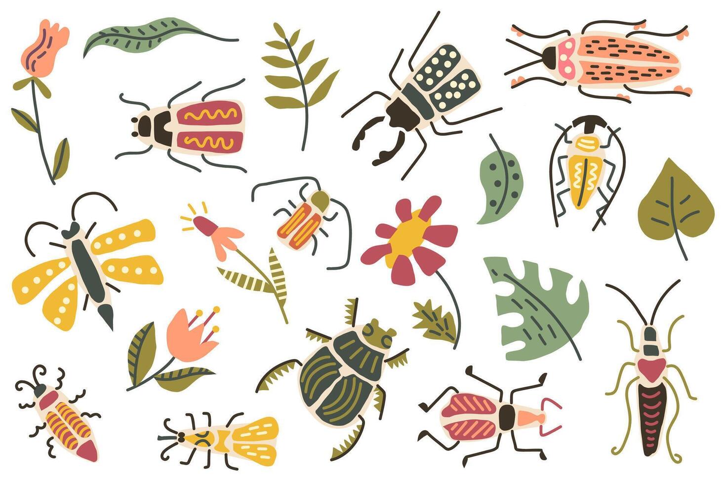 whimsical bug and flower illustration with ladybugs, butterflies, beetles, stylized blooms. concept of nature, insects, garden, floral design. colorful, playful art, kids decor vector