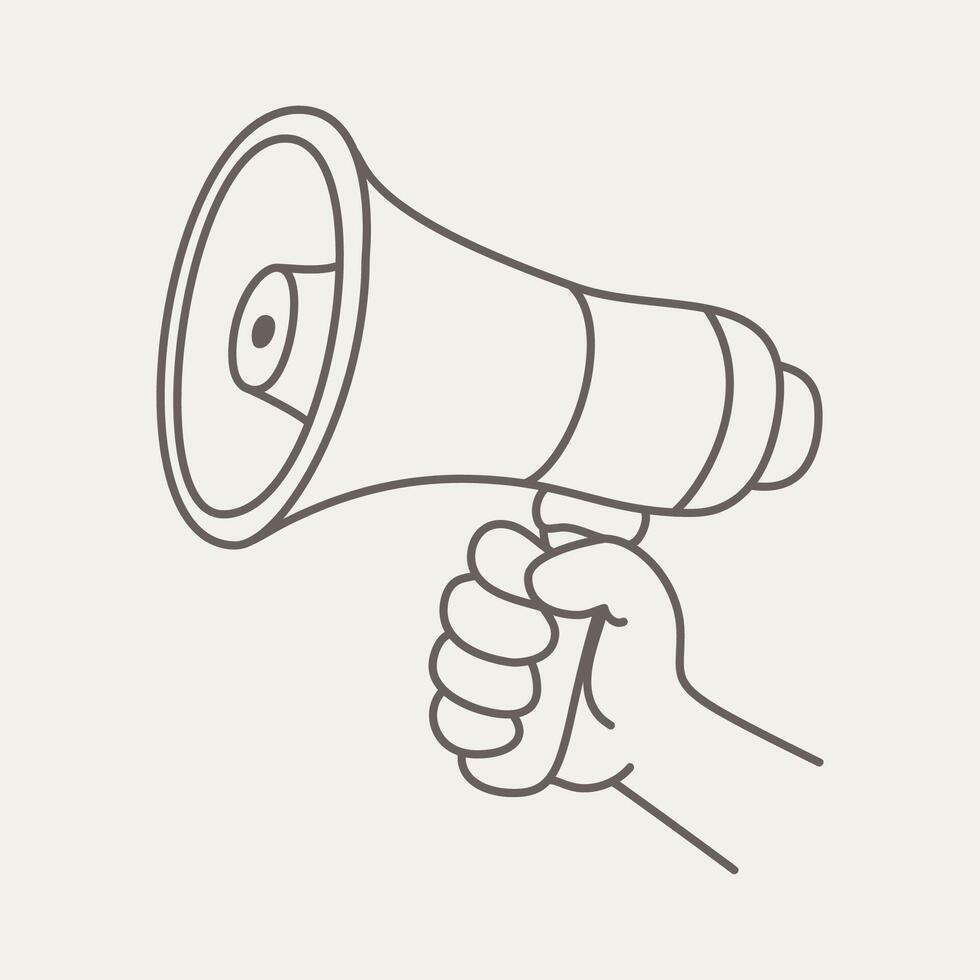 Hand holding a megaphone doodle for announcement, marketing, social media, loudspeaker ad, campaign, broadcast, communication concept vector