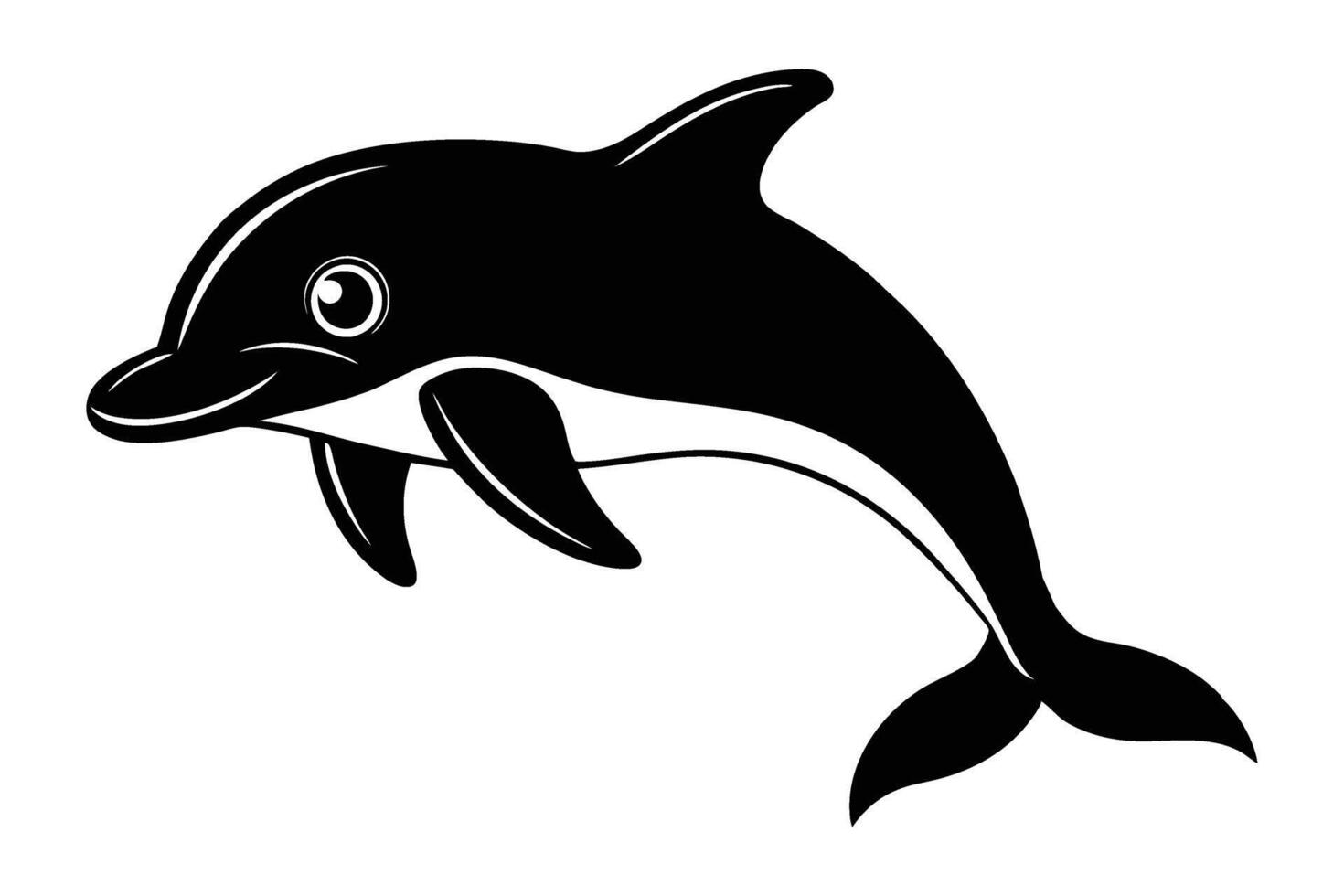 A cute, stylized black and white illustration of a dolphin leaping out of the water. Perfect for children's books, logos, or any project needing a playful aquatic touch. vector