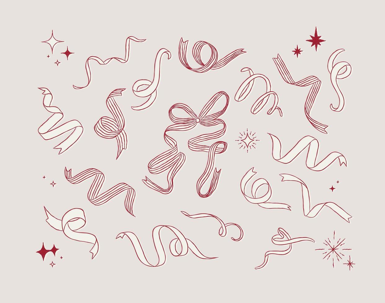 Ribbon variety shapes with swirl and stars collection drawing on beige background vector