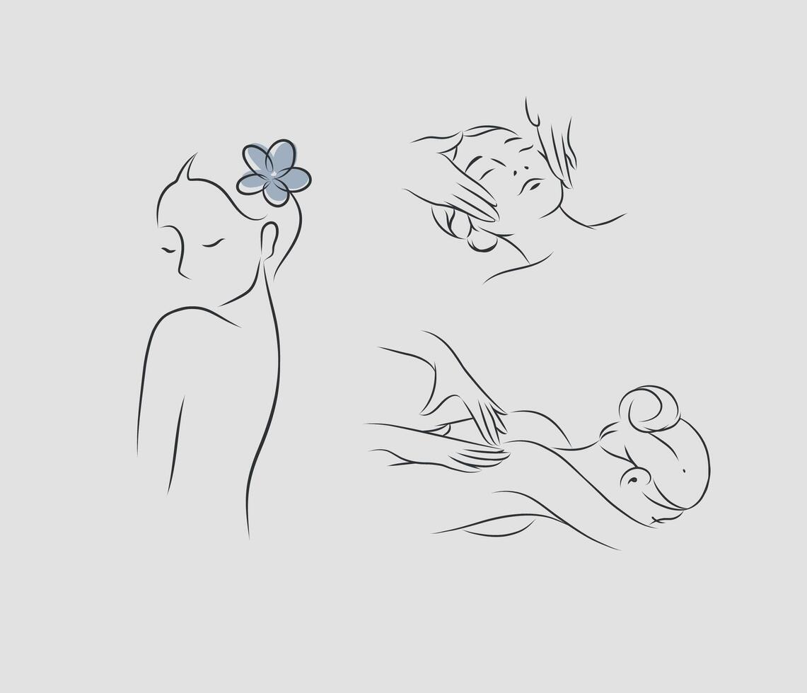 Woman silhouette on back and face massage drawing in minimalist style on grey color background vector
