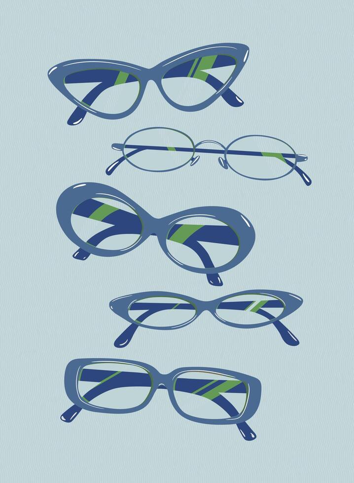 Sunglasses collection portrait drawing in vintage style with transparent lens and blue frame on light blue background vector