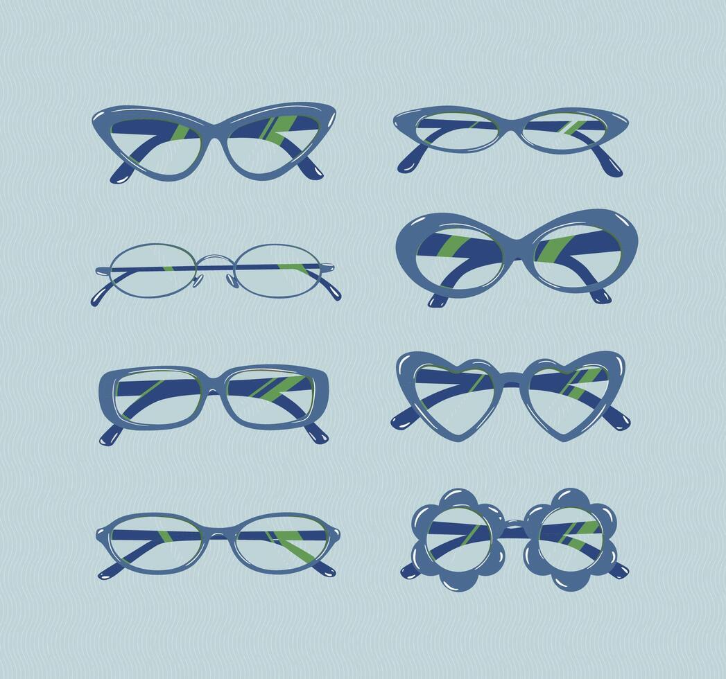 Sunglasses collection drawing in vintage style with transparent lens and blue frame on light blue background vector